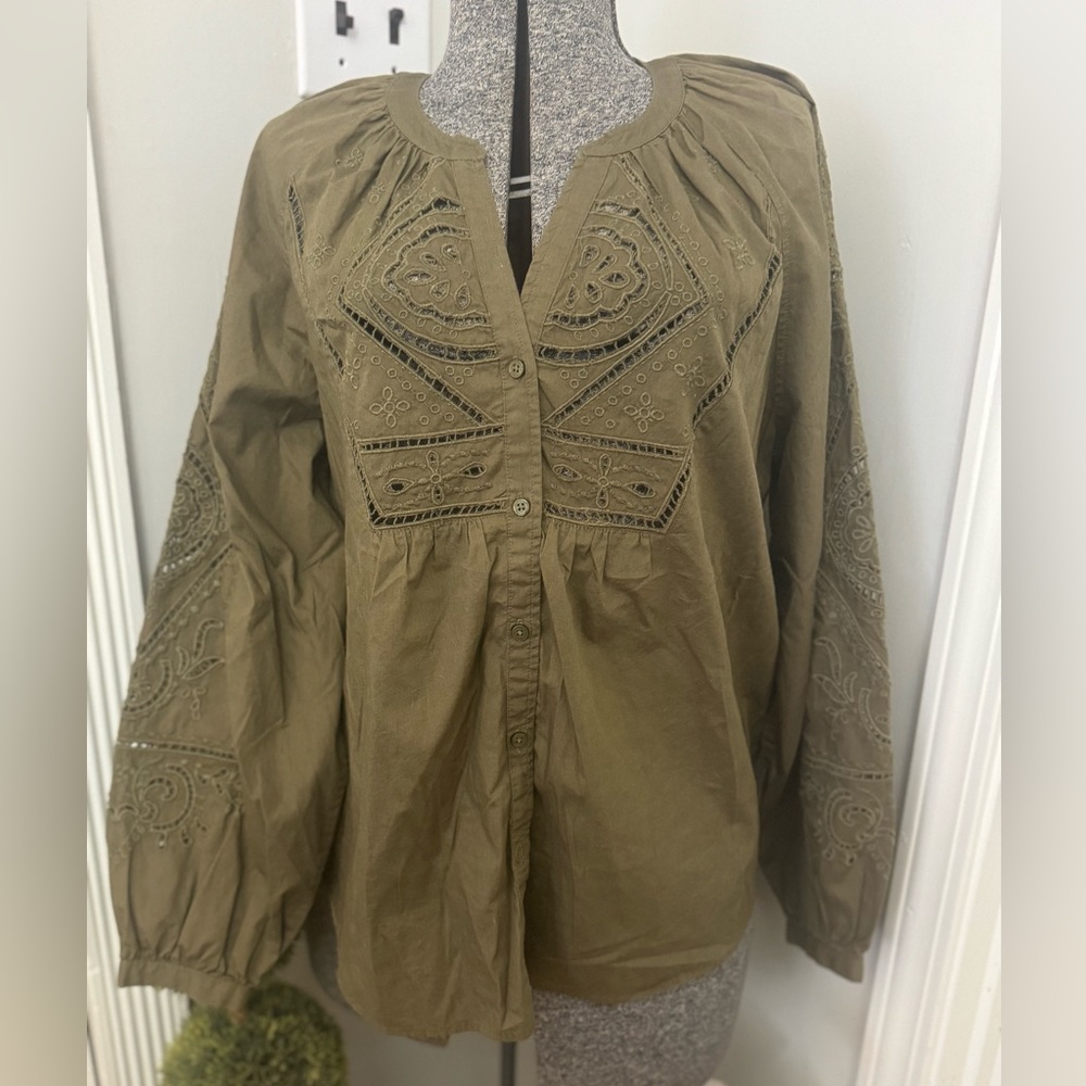 Lauren Ralph Lauren Eyelet Cotton Blouse Olive Green size Large